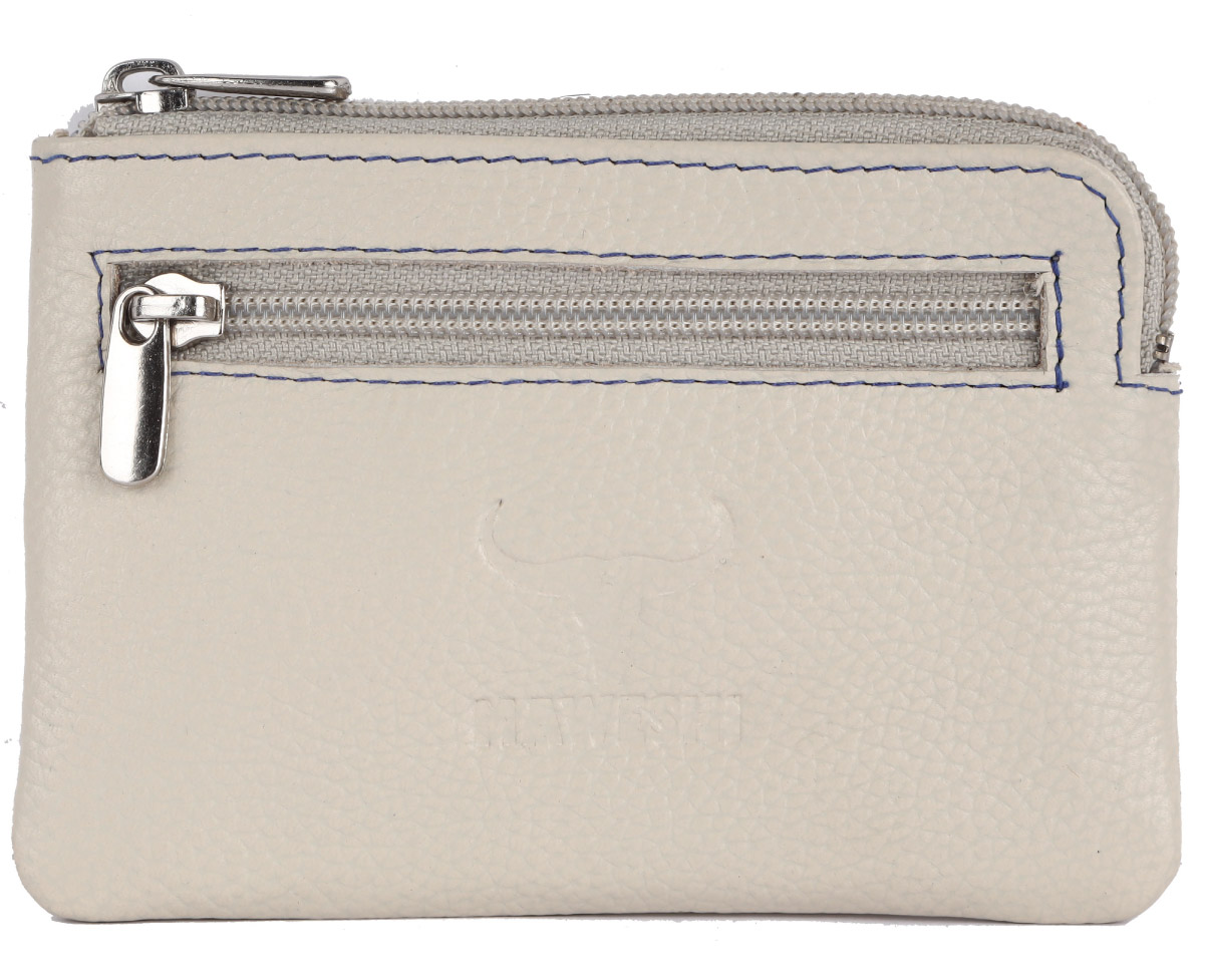 White Genuine Leather Coin Pouch with Inside Keychain