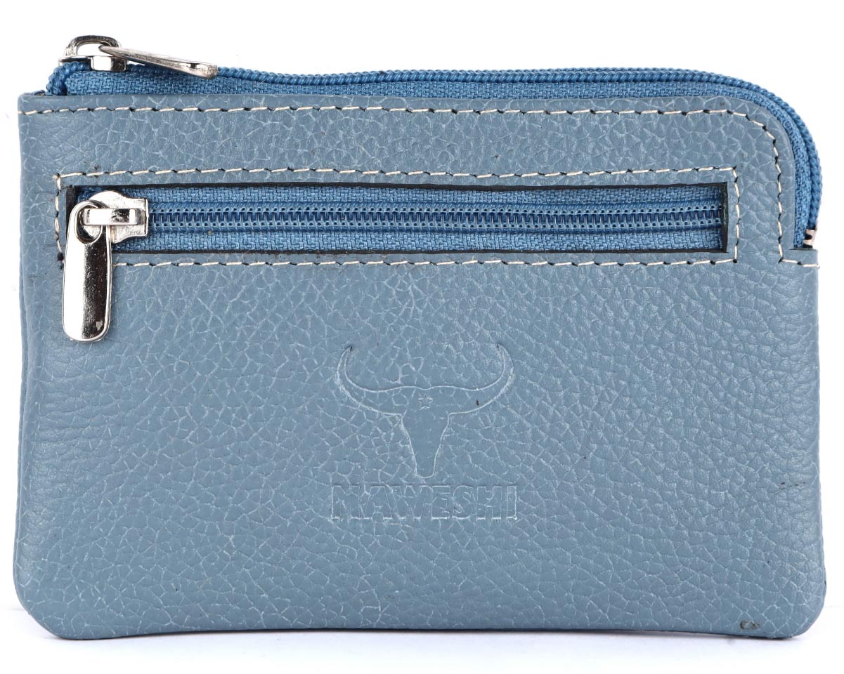 blue Genuine Leather Coin Pouch with Inside Keychain