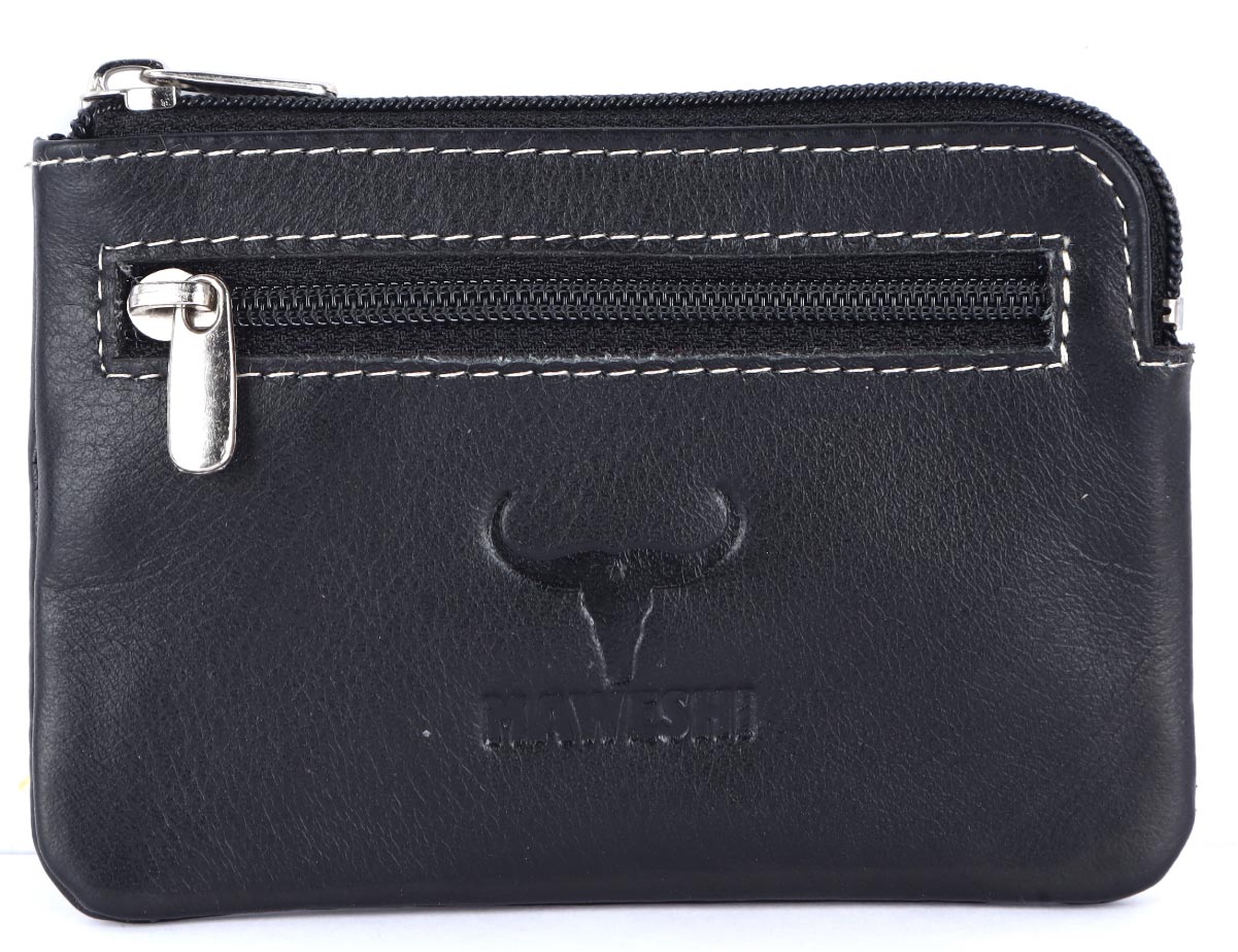 black Genuine Leather Coin Pouch with Inside Keychain