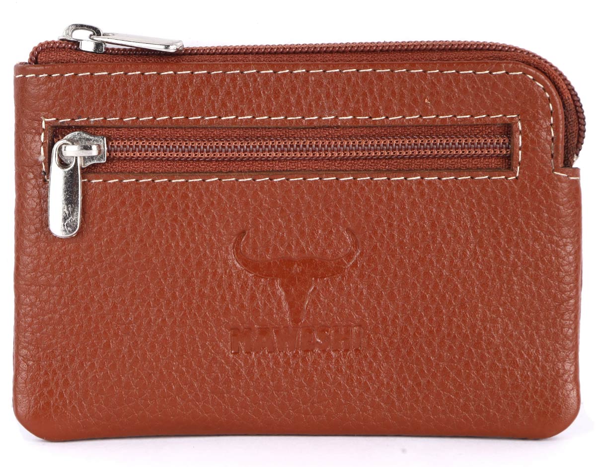 brown Genuine Leather Coin Pouch with Inside Keychain