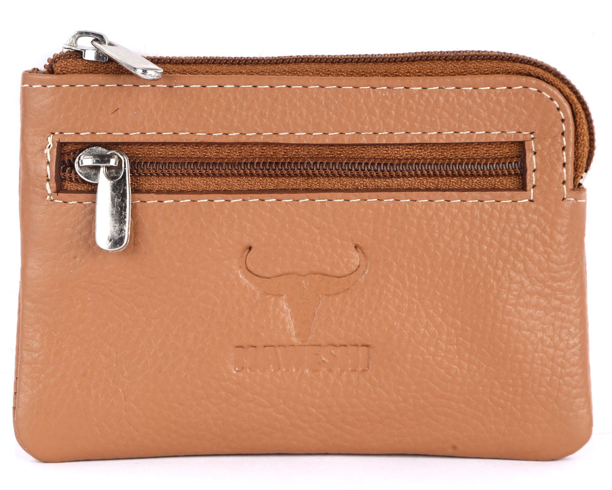 Tan Genuine Leather Coin Pouch with Inside Keychain