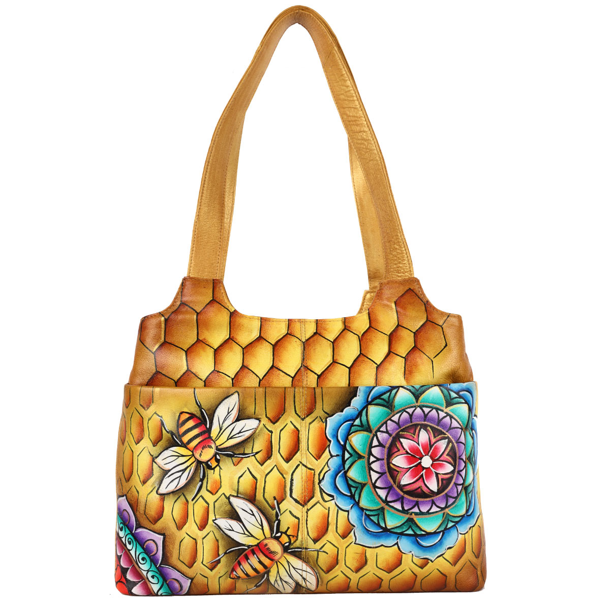 HONEY BEE Hand Painted Leather Shoulder Bag For Woman With Triple Compartment