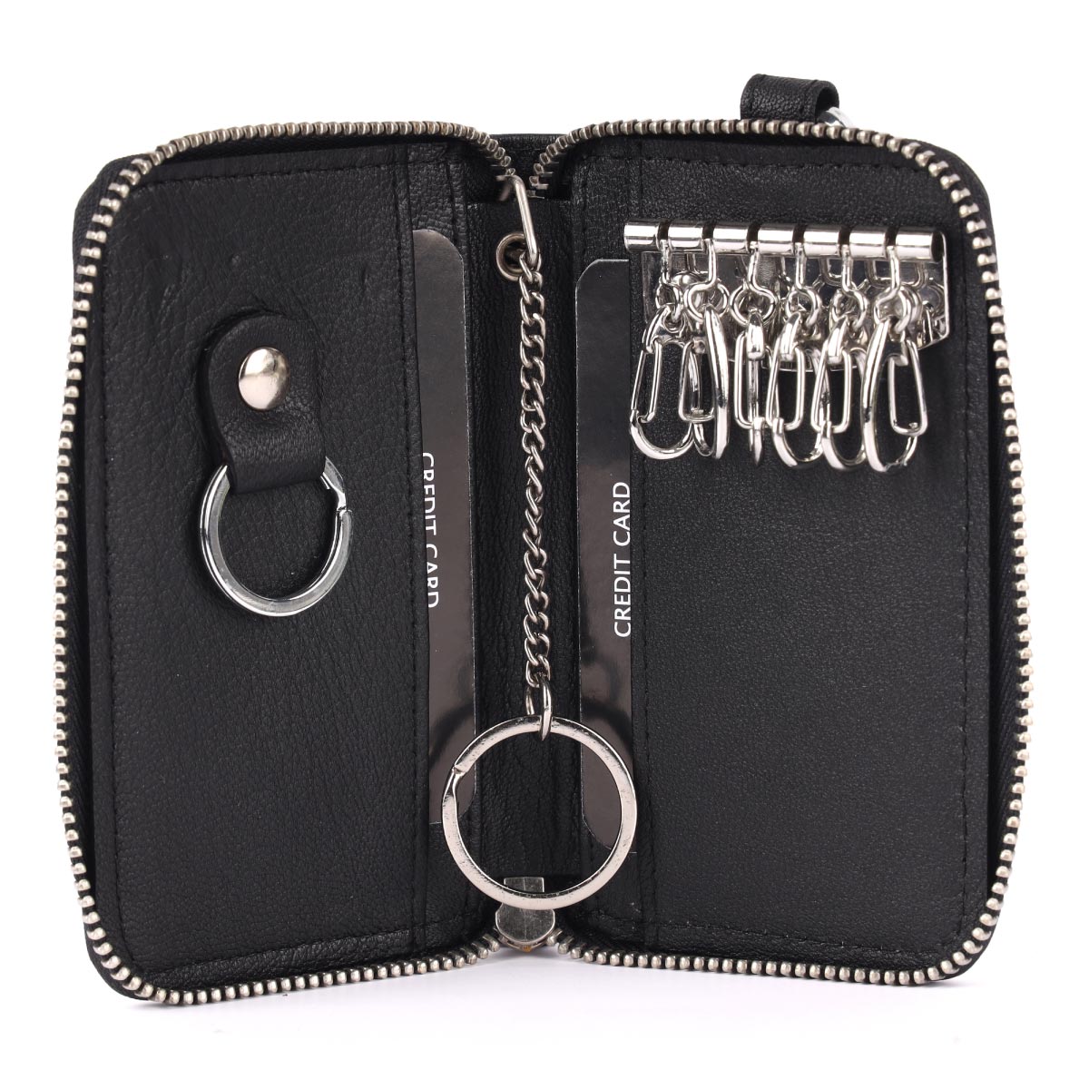 Black Leather Zip Closer Keychain with 6 keyholders ,two card slots and one dog hook