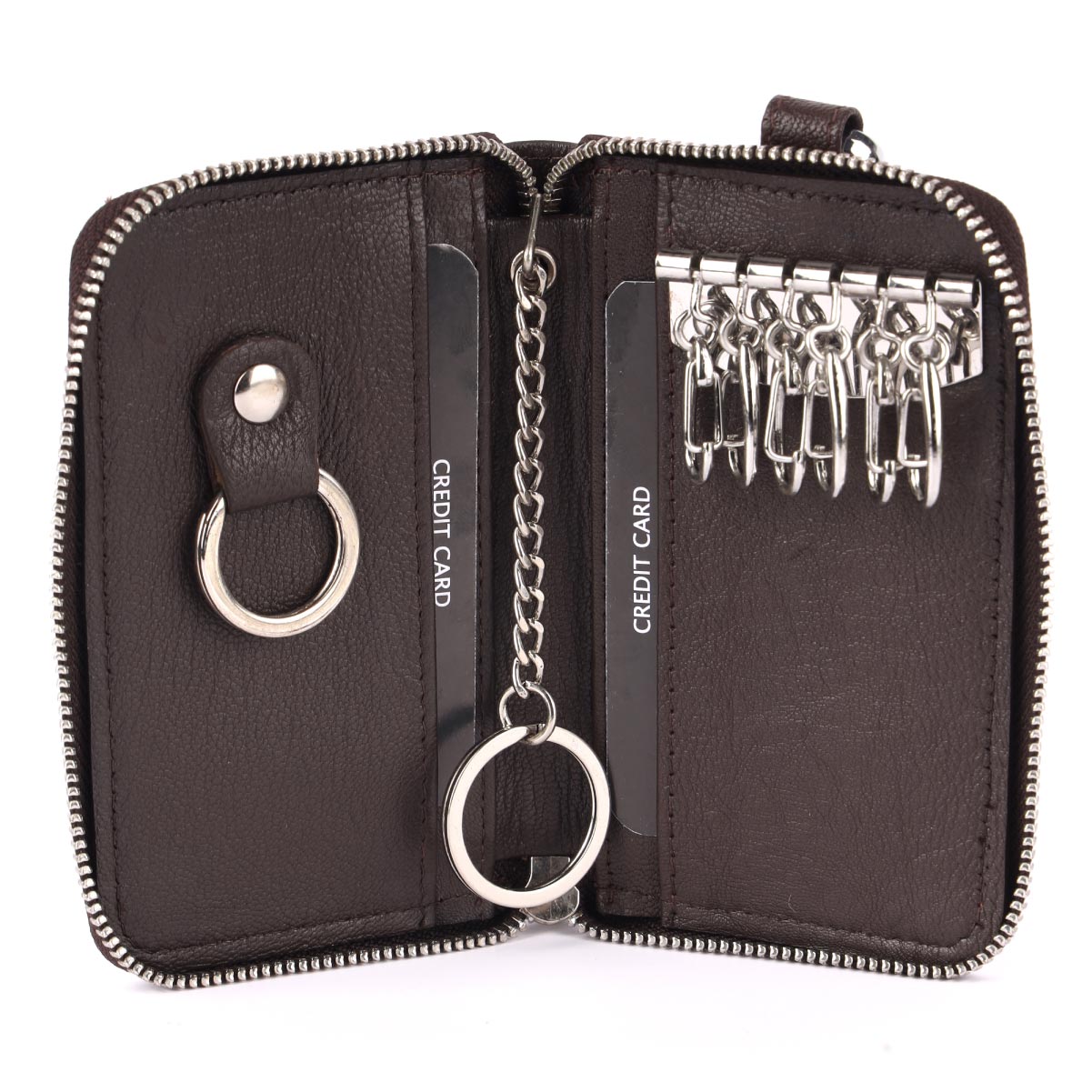 Brown Leather Zip Closer Keychain with 6 keyholders ,two card slots and one dog hook