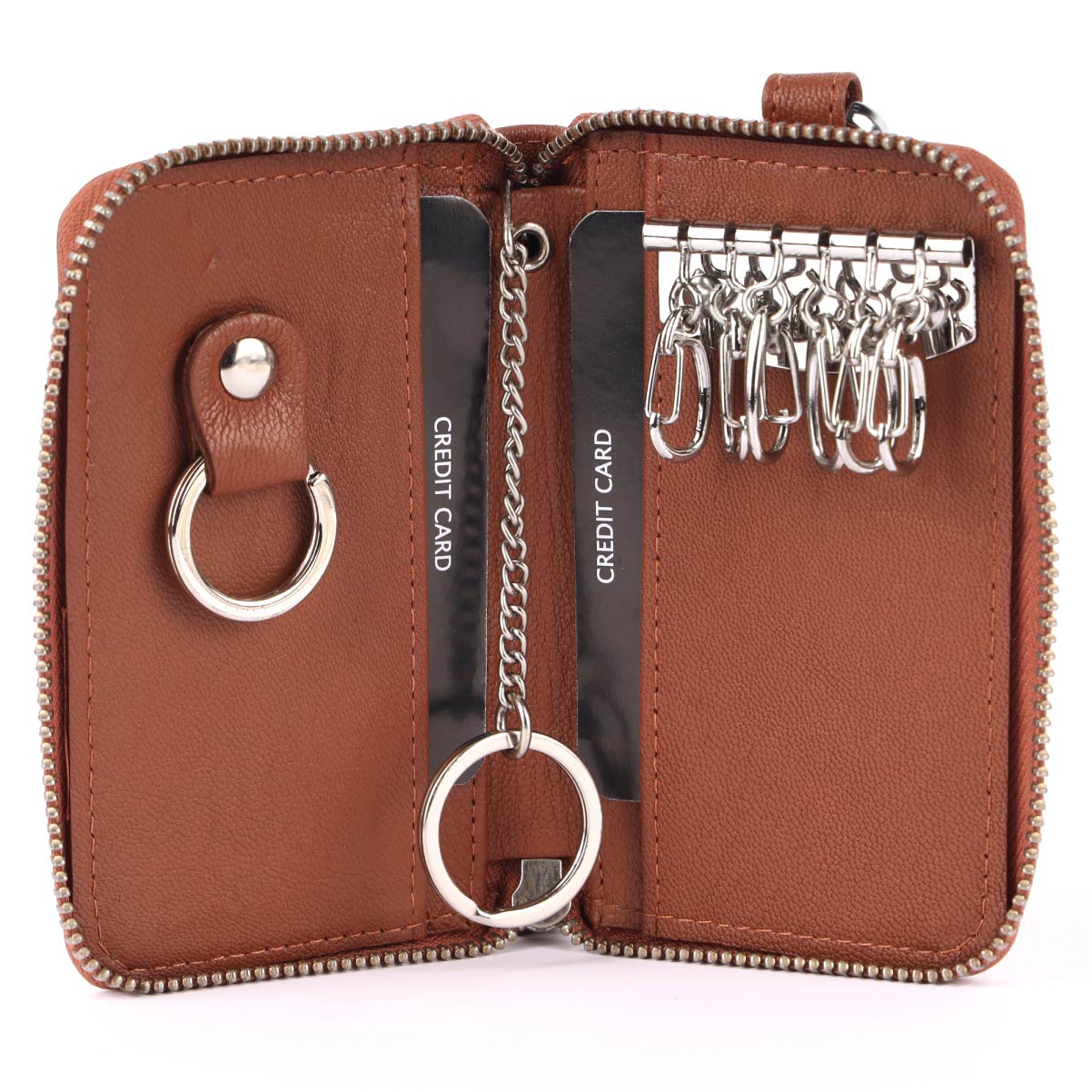 Tan Leather Zip Closer Keychain with 6 keyholders ,two card slots and one dog hook