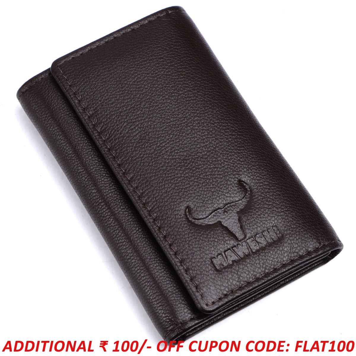 Brown Leather Button Closer Keychain With 6 Keyholders And Two Card Slots